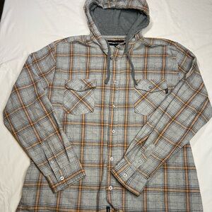 Molokai Surf Co Shirt Mens L Gray Orange Plaid Flannel Button Up Hooded